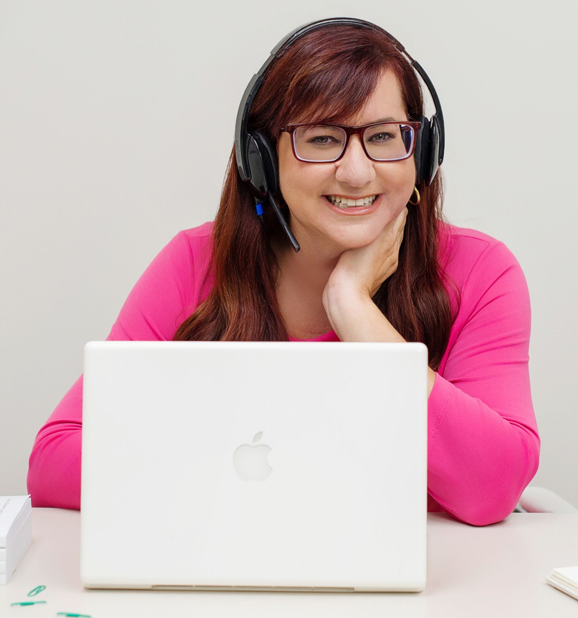 Susie Beghin at her computer.