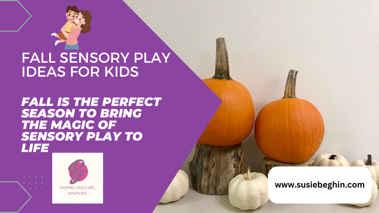 Fall sensory play ideas graphic with pumpkins. Purple background, text overlay, cartoon illustration, and website URL.