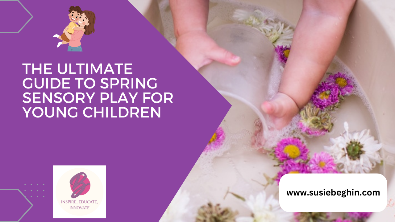 Child's feet in water with flowers; purple guide graphic 