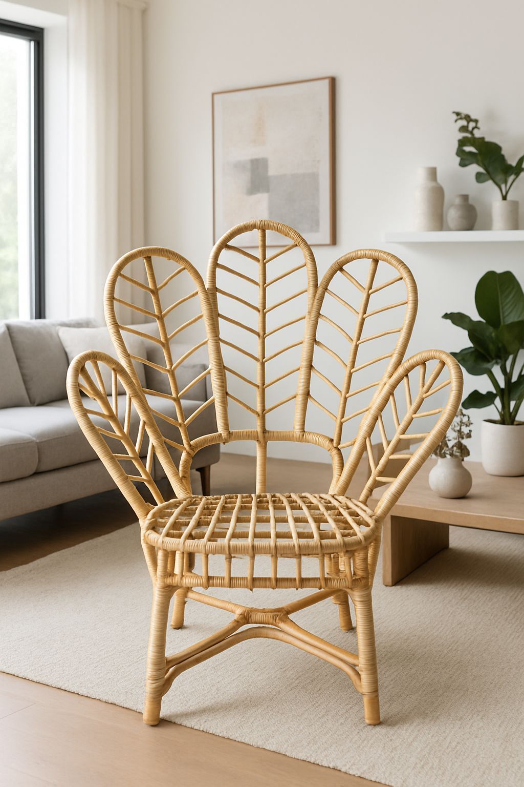 Silla de ratán con respaldo en forma de abanico para salón, color madera natural.