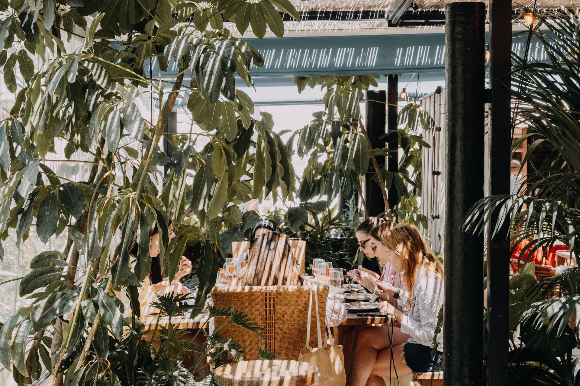Dos personas cenando en una cafetería al aire libre rodeadas de exuberantes plantas tropicales y vegetación bajo un toldo que proporciona sombra.