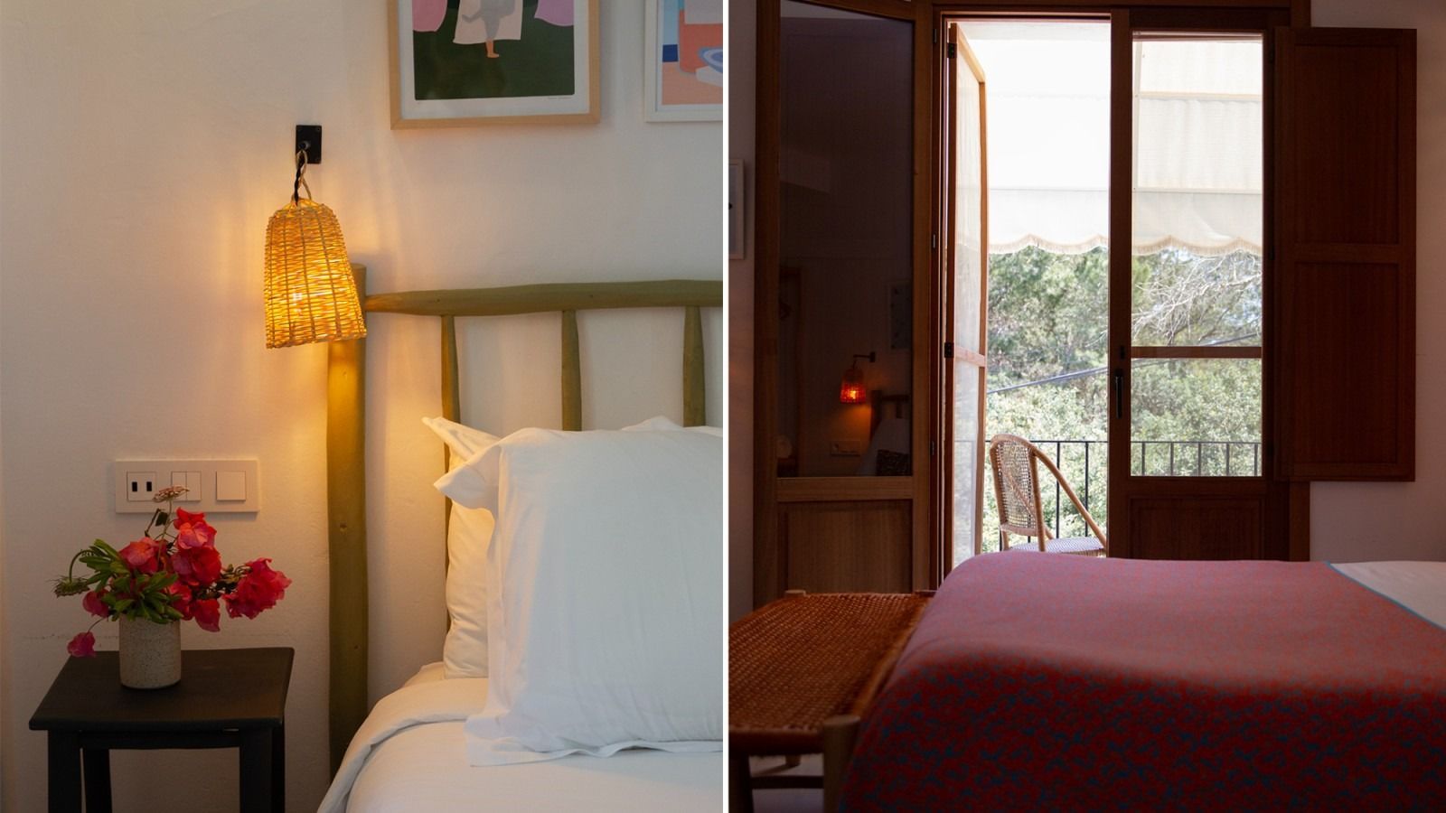 Two pictures of a bedroom with a bed and a balcony