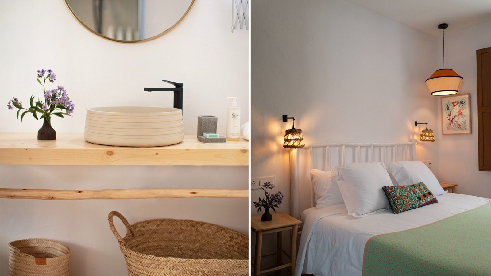 A bathroom and a bedroom with a sink and a bed.