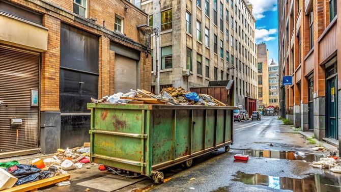 Overflowing green dumpster in a narrow, wet alley between brick buildings with scattered trash