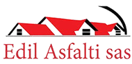 Logo di Edil Asfalti sas con tetti di case rossi e arco stradale nero.