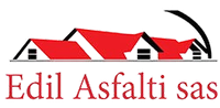 Logo di Edil Asfalti sas con tetti di case rossi e arco stradale nero.