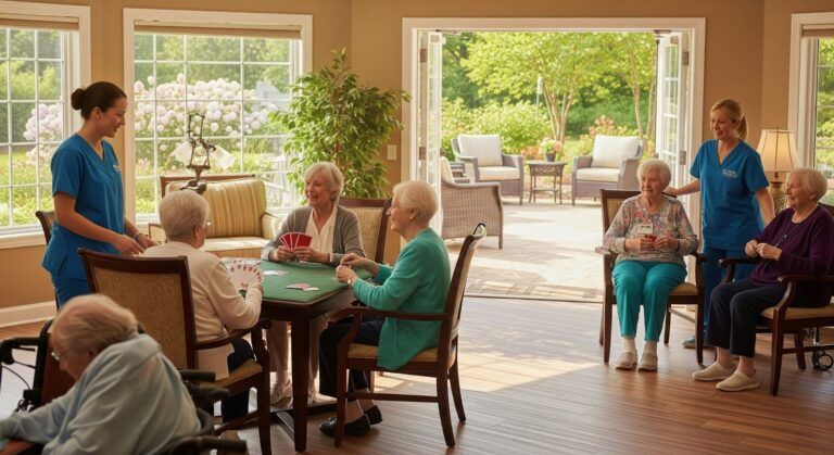 Caregivers assist residents playing cards in a bright, sunlit common area with a patio view.