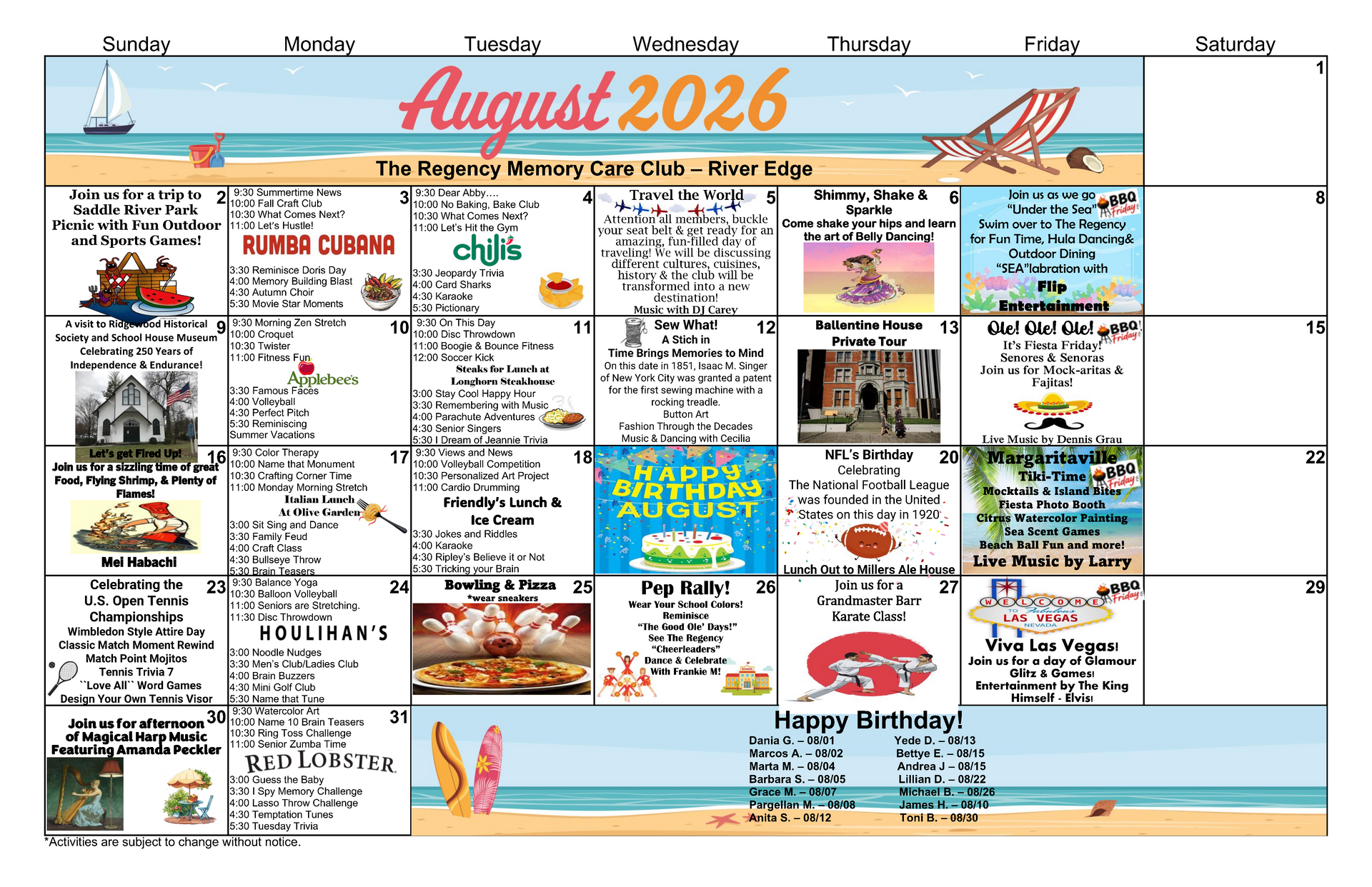 Monthly events calendar for August 2026 with colorful beach-themed graphics and activity listings