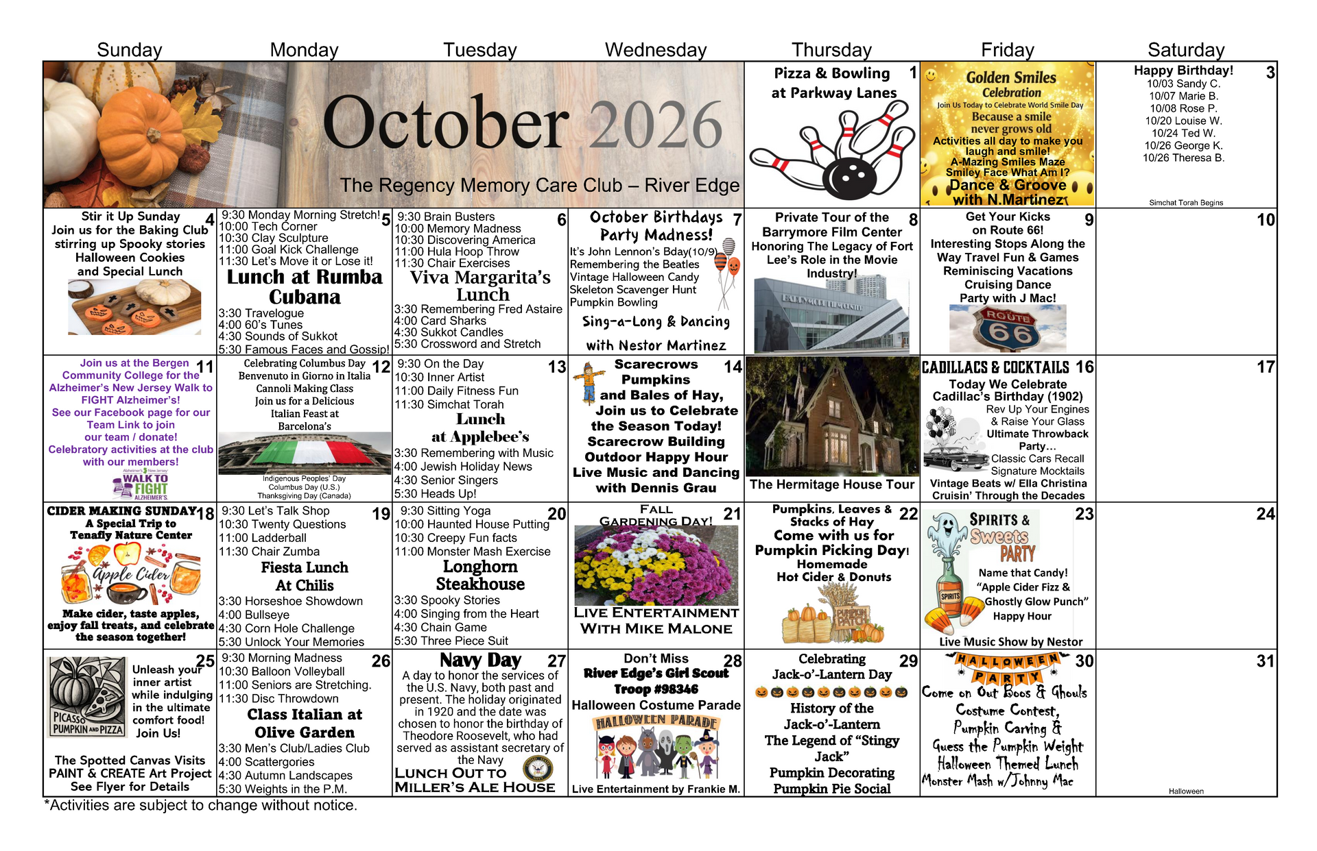 October 2026 community calendar with autumn photos and event listings in a grid layout