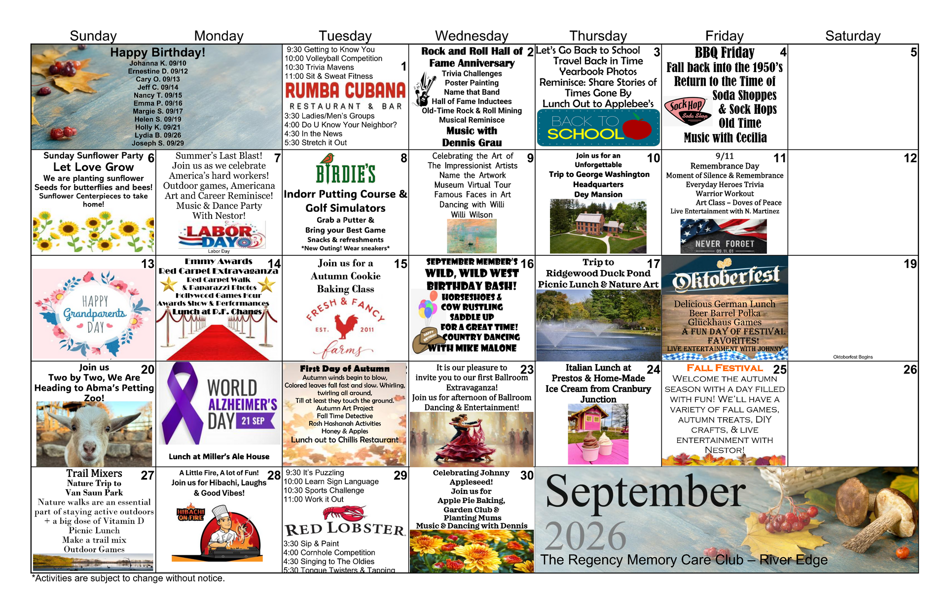 September 2026 monthly calendar collage with many colorful event flyers and notes.