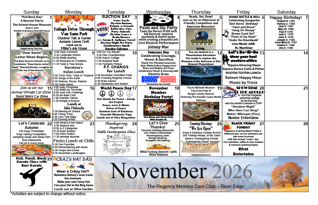 October 2026 community calendar with autumn photos and event listings in a grid layout