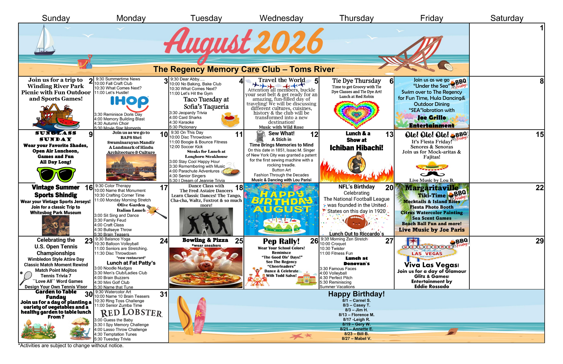 August 2026 monthly calendar with colorful event boxes and beach-themed decorations
