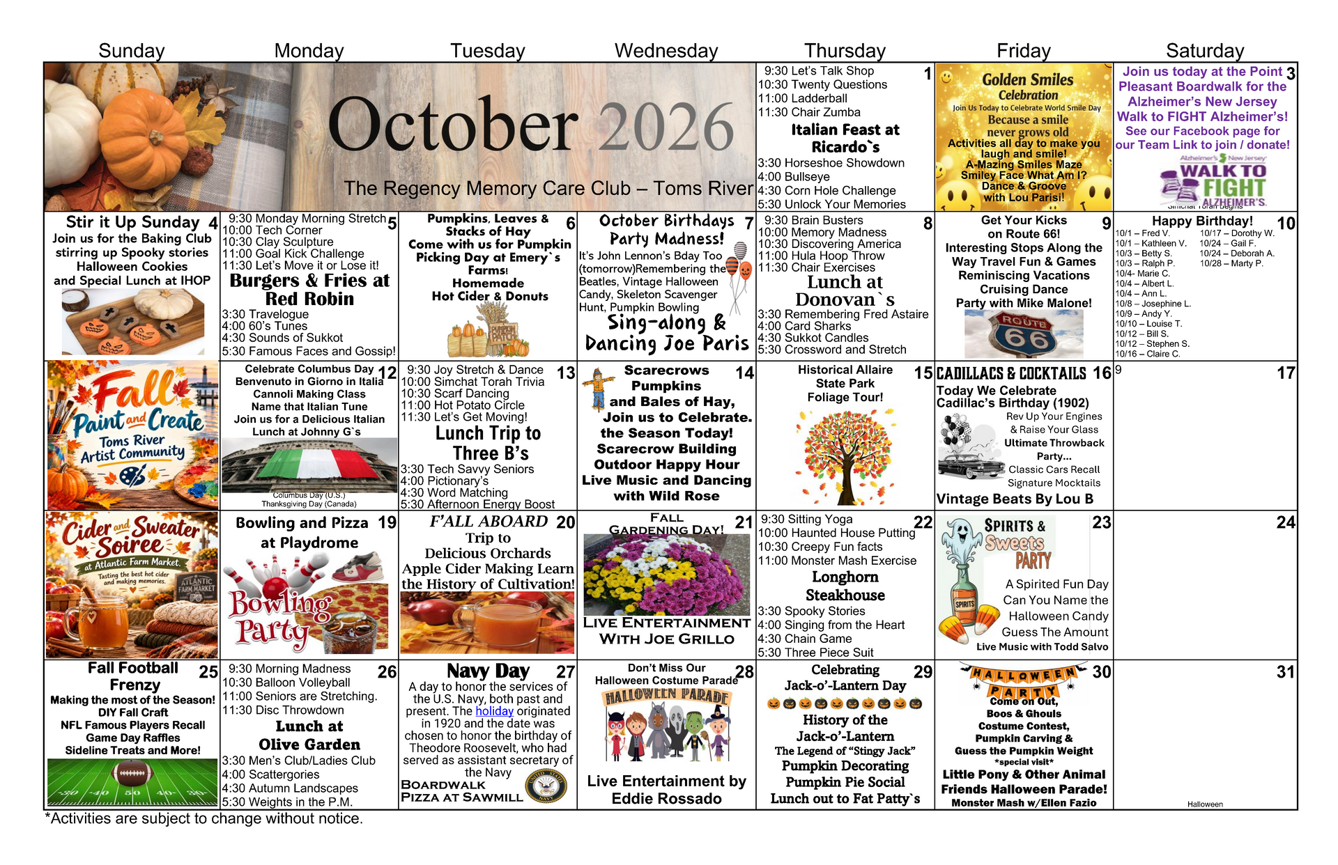 October 2026 monthly calendar with autumn-themed event boxes and colorful food images