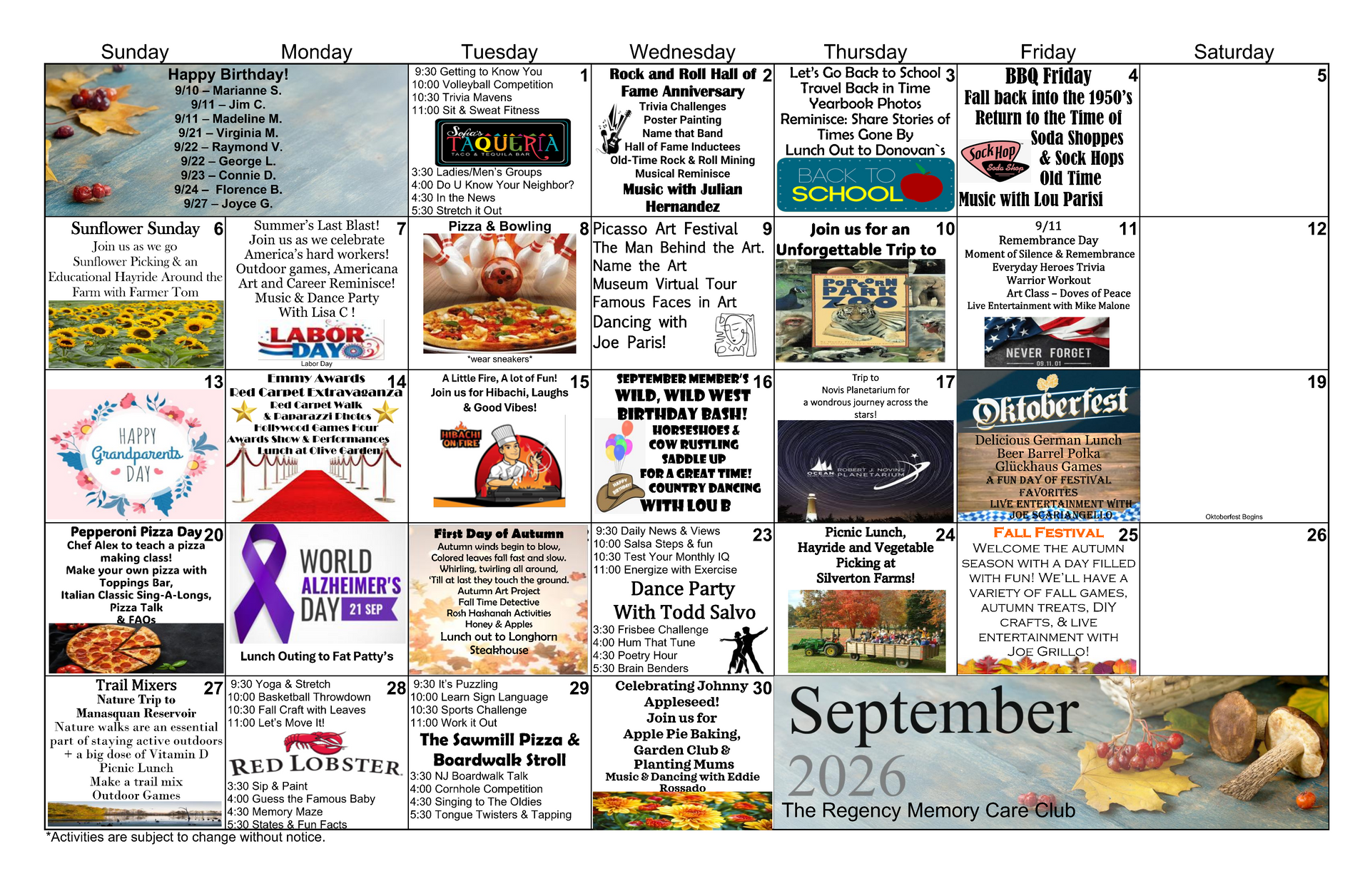 September 2026 calendar grid with many event flyers and colorful weekly boxes