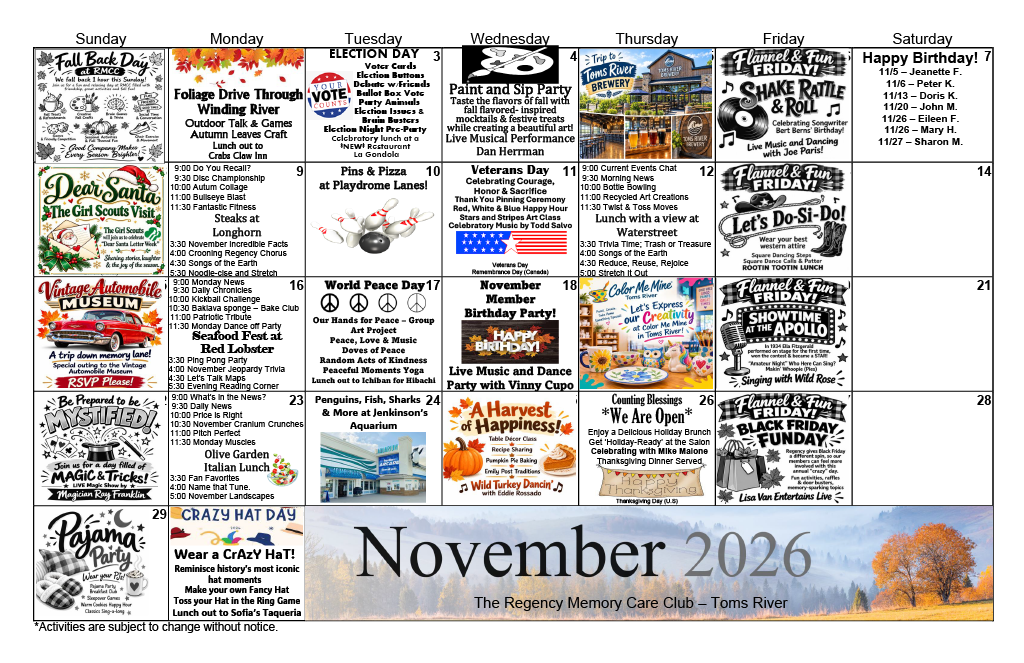 October 2026 monthly calendar with autumn-themed event boxes and colorful food images