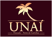UNAI logo with palm tree icon and text “Pousada - Porto de Galinhas” on a maroon background
