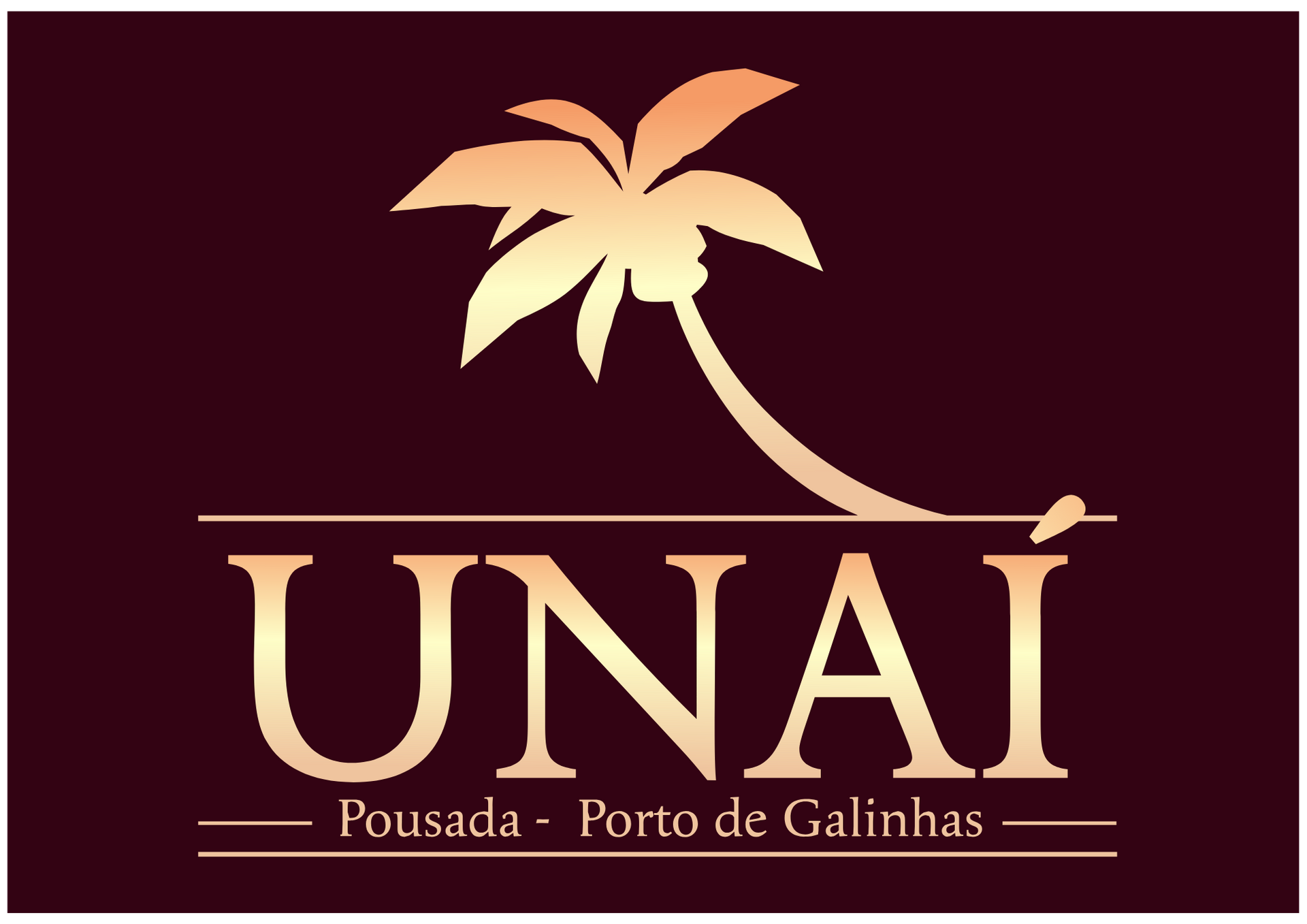 UNAI logo with palm tree icon and text “Pousada - Porto de Galinhas” on a maroon background