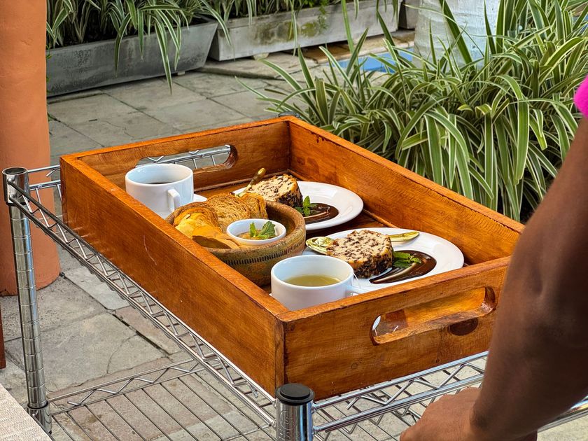 Bandeja com pratos e copos em um carrinho com rodinhas ao ar livre, ao lado de plantas.