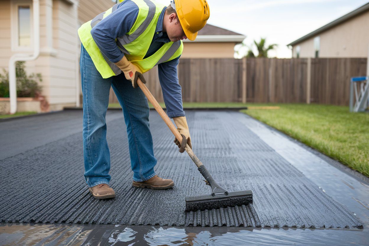 Worker in hard hat spreading fresh asphalt on a driveway with a rake