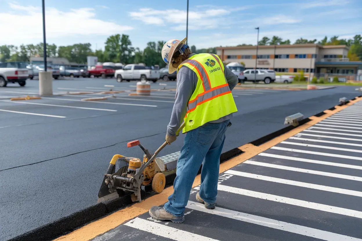 A person is laying asphalt on a road with a shovel.