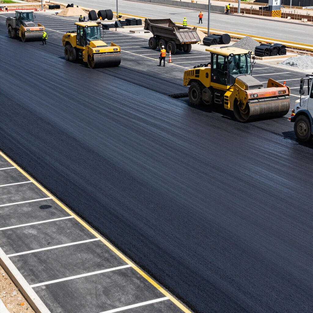 A person is laying asphalt on a road with a shovel.