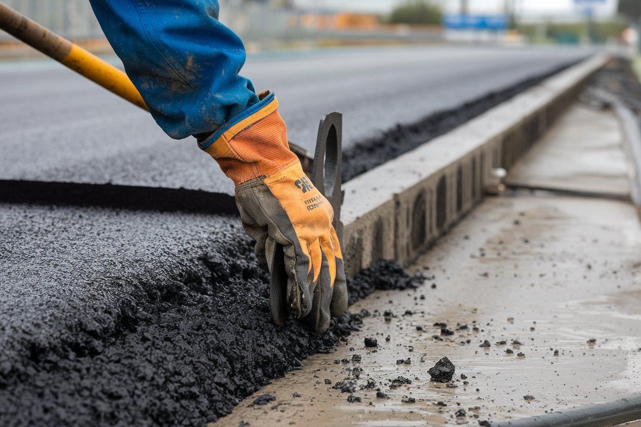 A person is laying asphalt on a road with a shovel.