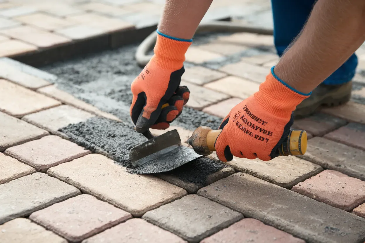 A person wearing orange gloves is using a trowel on a brick sidewalk.