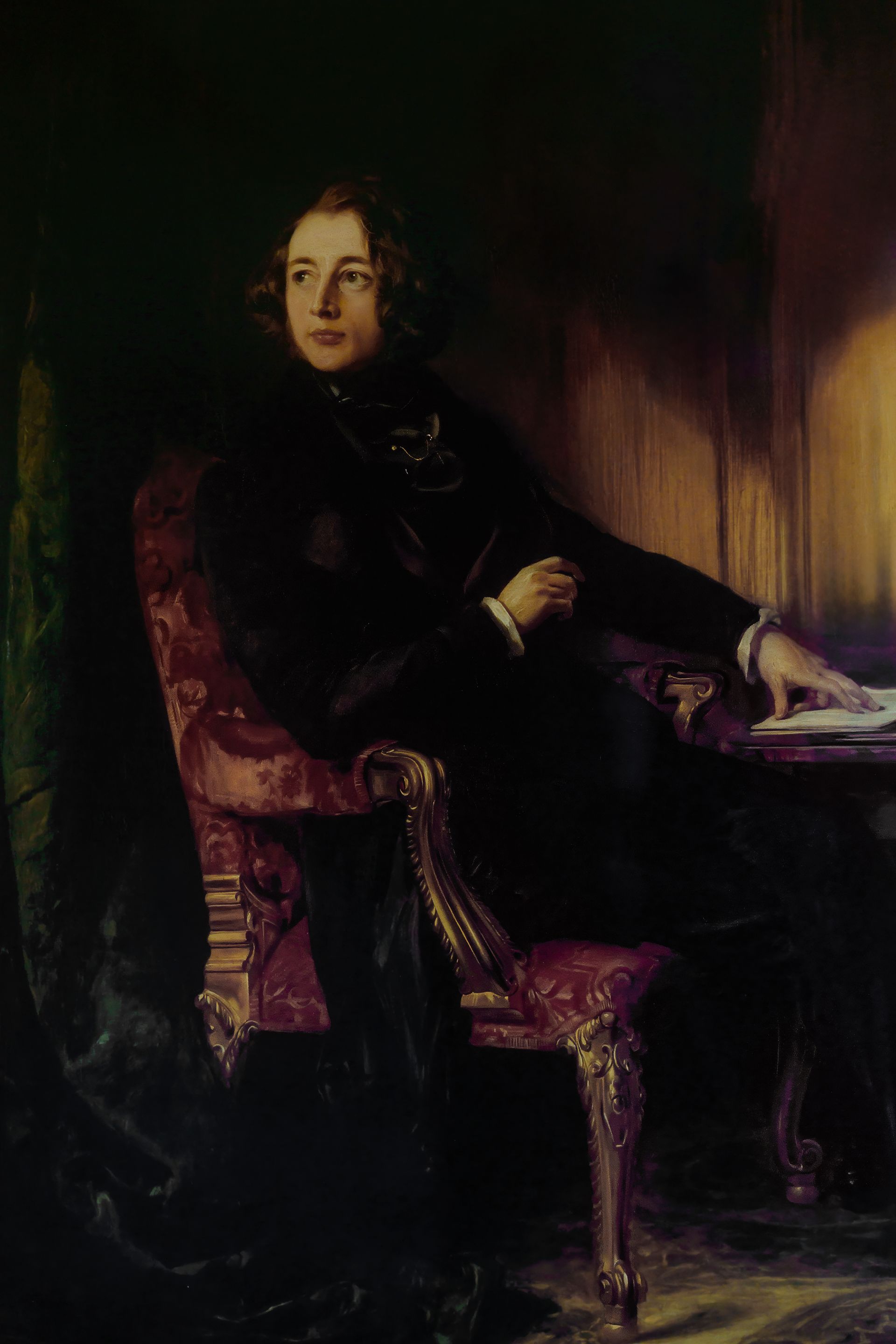 A painting of a man sitting in a chair at a table.