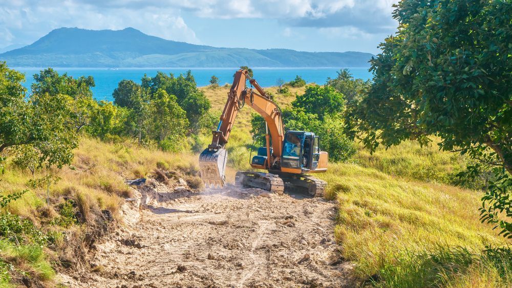 Excavator Digging a Trench on a Hillside Overlooking the Ocean and Mountains — Slash Mulch Co in Googa Creek, QLD