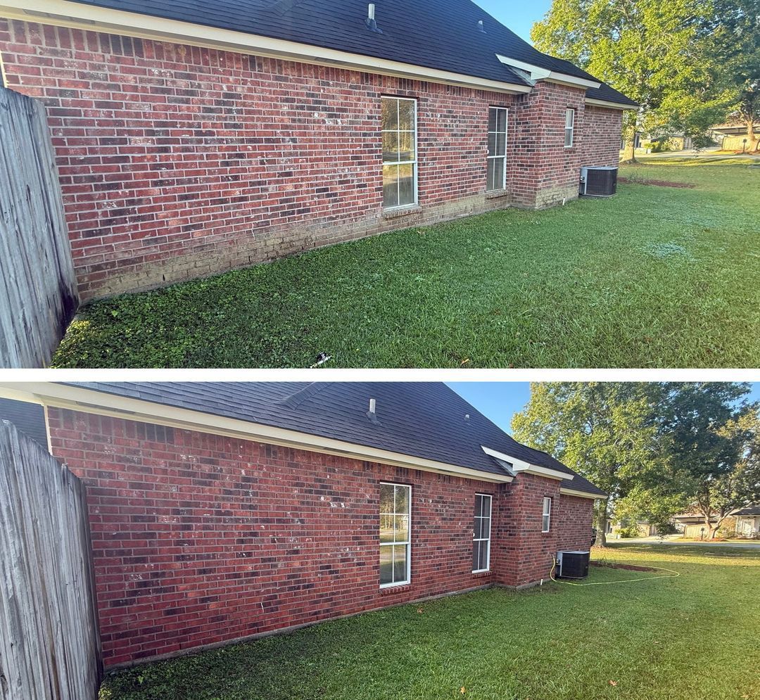 A before and after comparison of a red brick house wall showing the results of professional cleaning.