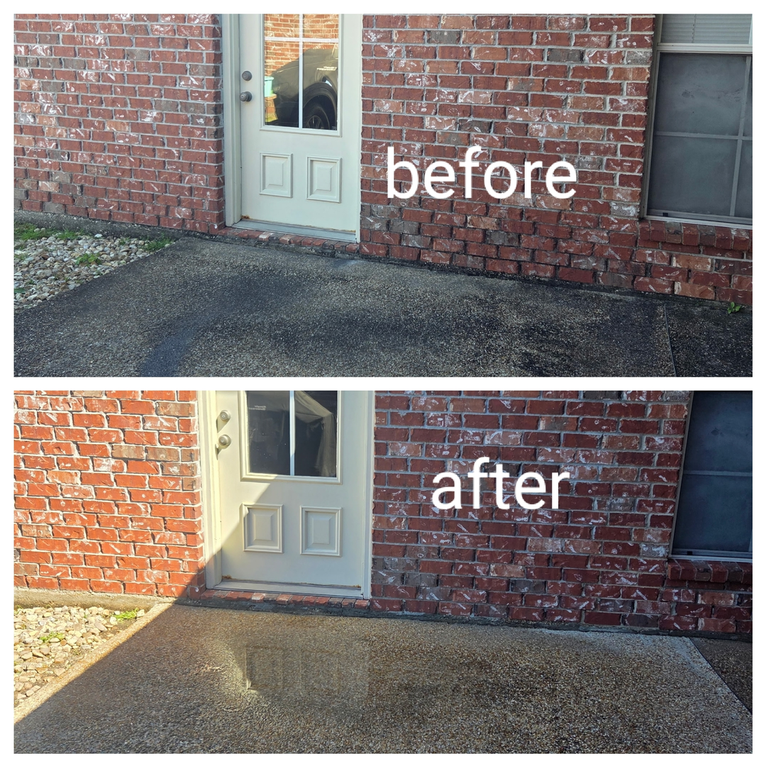 A before-and-after comparison of a concrete patio outside a brick building showing results after pressure washing.