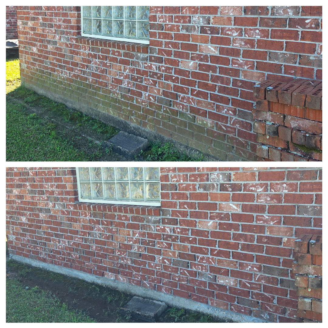 A split-screen comparison showing a brick wall before and after cleaning, illustrating the removal of algae and grime.