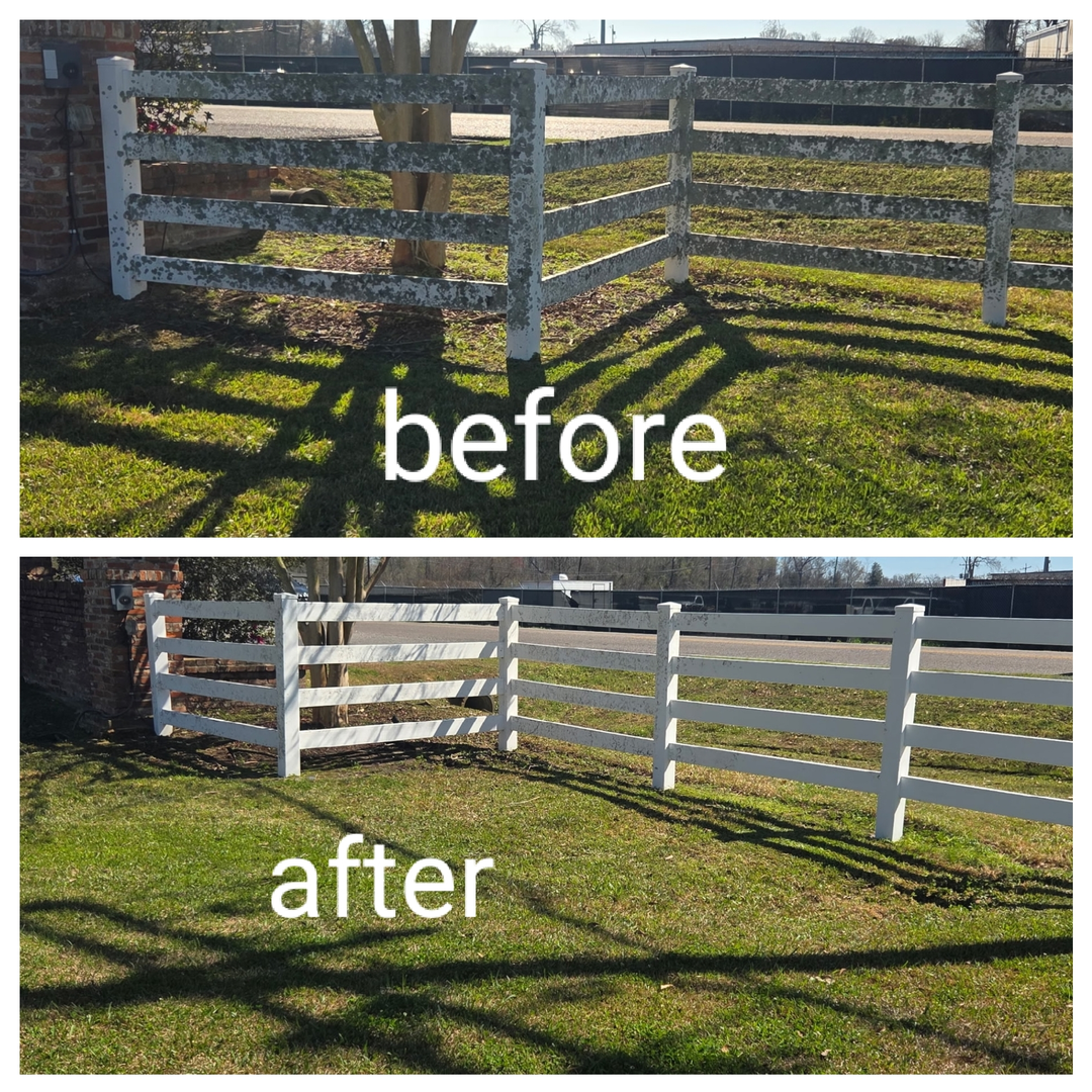 Before and after photos of a wooden fence cleaned and repainted bright white, standing in a sunny, grassy lawn.