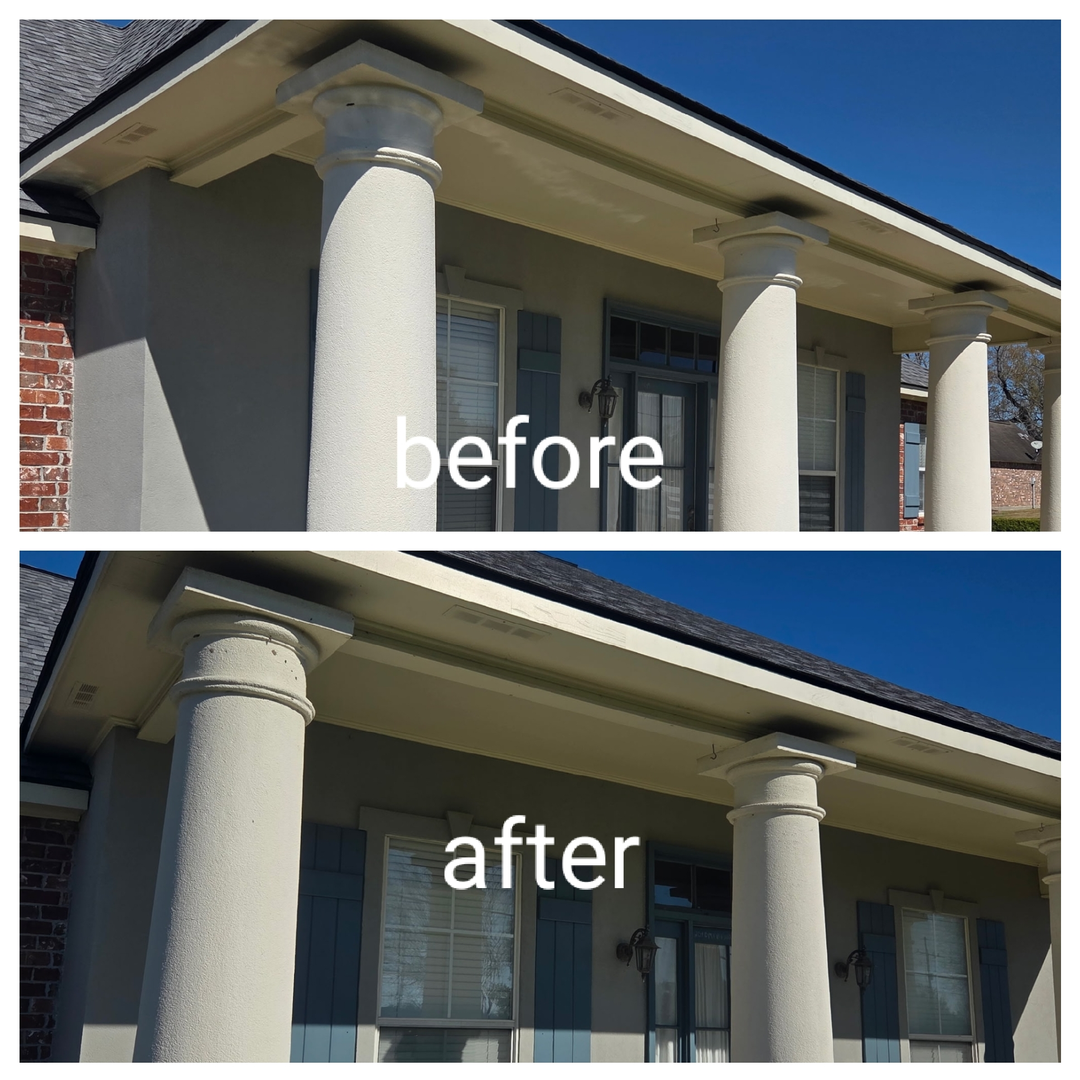 Before and after photos of a porch showing columns and siding cleaned of dirt and grime.