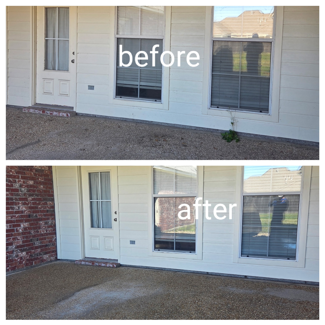 Before and after comparison of a home exterior wall, showing brick accents added to the left side of the white wall.