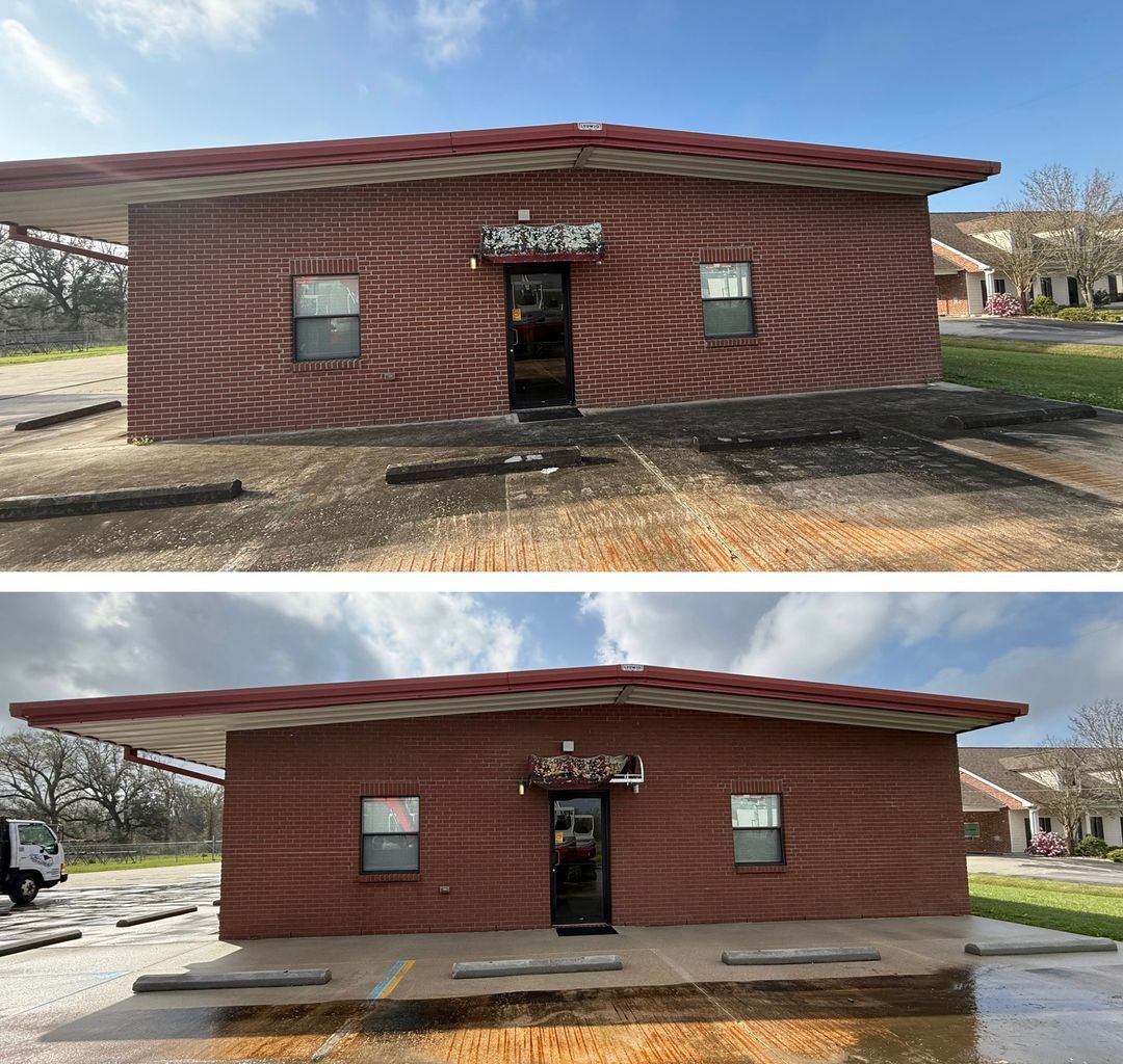 Before and after photos of a red brick commercial building showing a successful pressure washing of the exterior.
