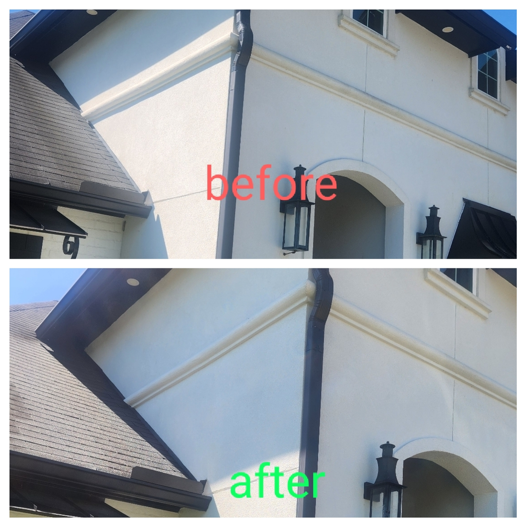 Before and after view of an exterior wall showing a cleaner, brighter surface after cleaning.