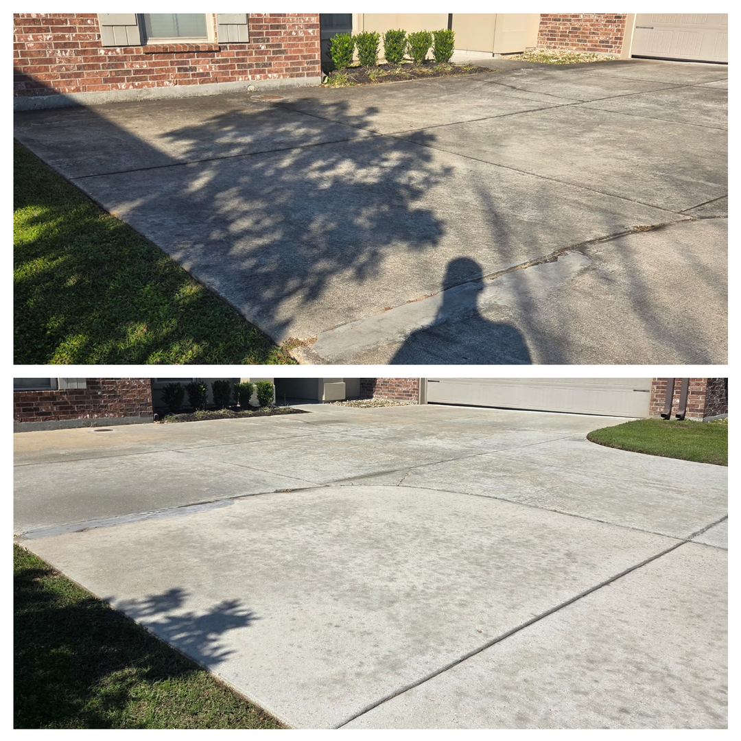 Before and after photos of a driveway showing a transition from a dirty, dark surface to a clean, light concrete finish.