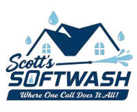 Logo for Scott's Softwash with a house icon, water droplets, and a power washer spraying water, blue on a white background.
