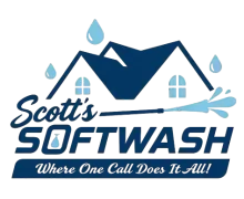 Logo for Scott's Softwash with a house icon, water droplets, and a power washer spraying water, blue on a white background.