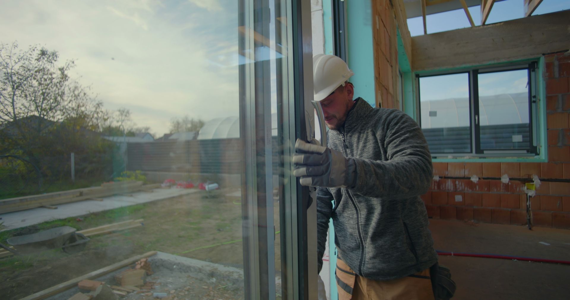 Worker in hard hat sealing a large window inside a building, with an outdoor landscape visible outside.