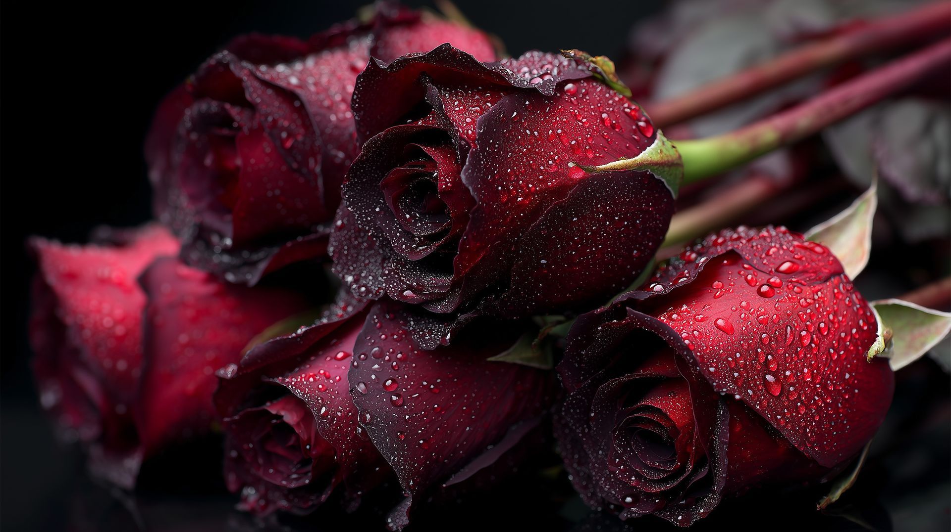 Dark red roses with water droplets against a black background.