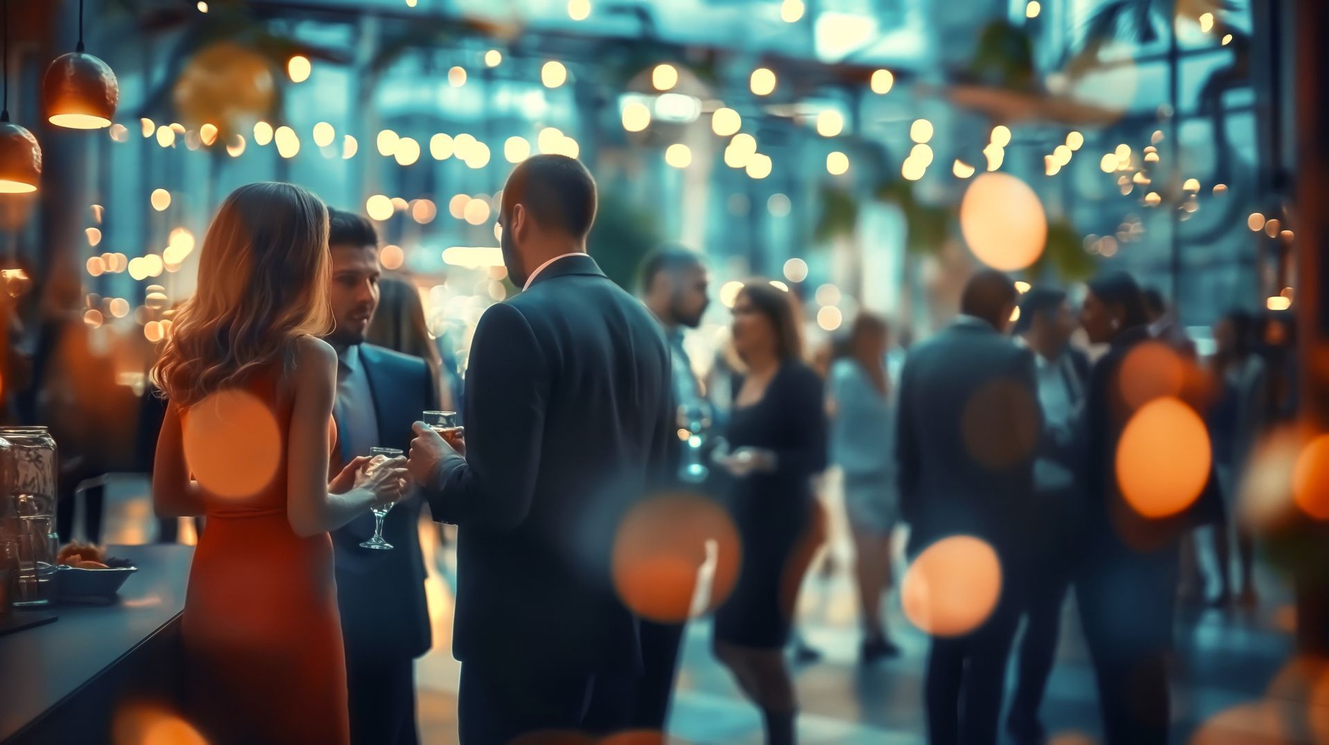 People socializing at a warmly lit indoor event, holding drinks, with blurred background lights. People socializing at a warmly lit indoor event, holding drinks, with blurred background lights.