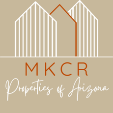 MKCR Properties of Arizona logo with beige and white house outlines and orange lettering