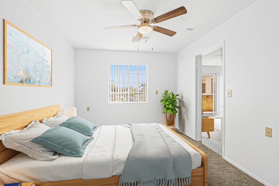 Bright bedroom with a bed, ceiling fan, window, and open doorway to a bathroom