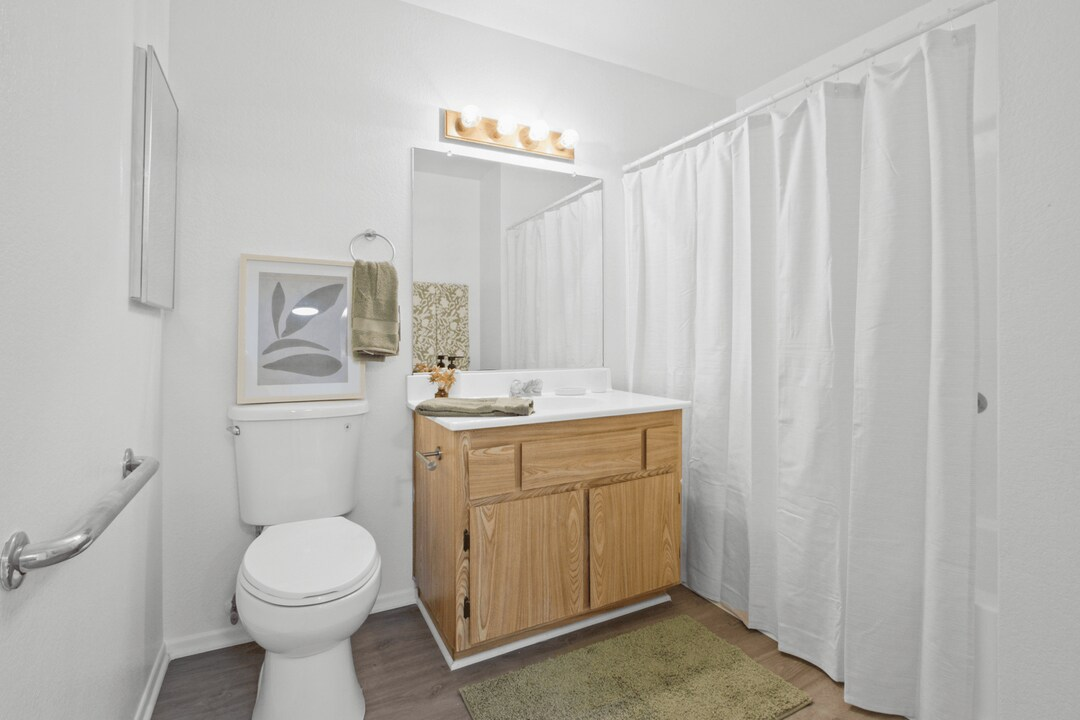 White bathroom with toilet, wood vanity, shower curtain, and green rug