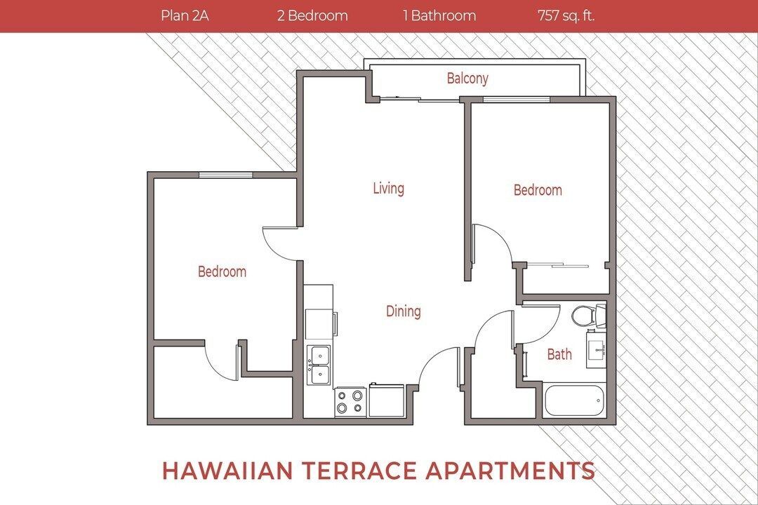 Apartment floor plan labeled Hawaiian Terrace Apartments, showing kitchen, bath, living room, and bedrooms.