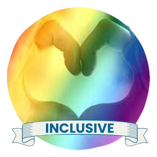 A rainbow colored circle with two hands making a heart and a banner that says inclusive