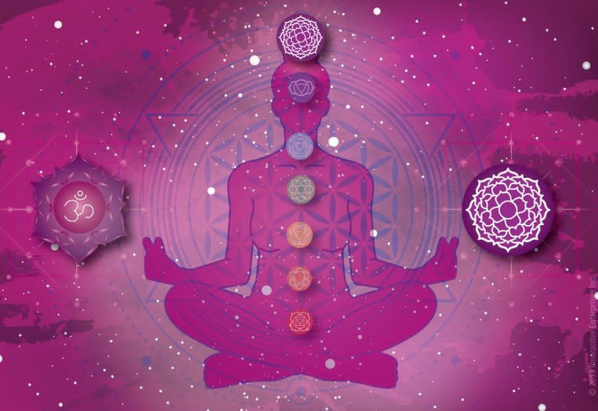A silhouette of a person in a lotus position with the seven chakras.