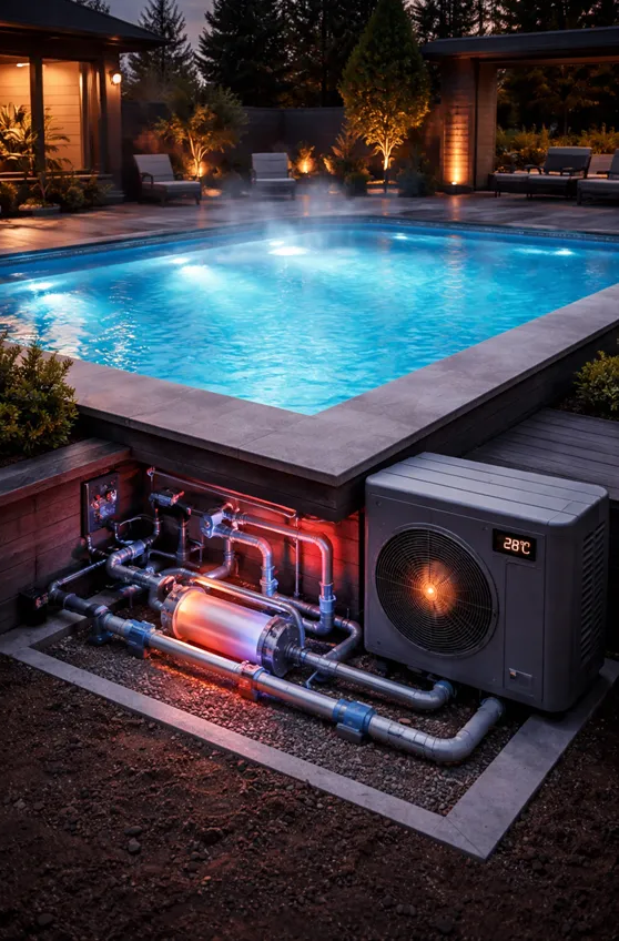 An illuminated backyard pool with a heat pump system and pipes displayed in a cross-section view at night.